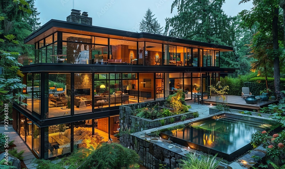 Luxurious glass home with floor-to-ceiling windows. Luxurious glass home with floor-to-ceiling windows.