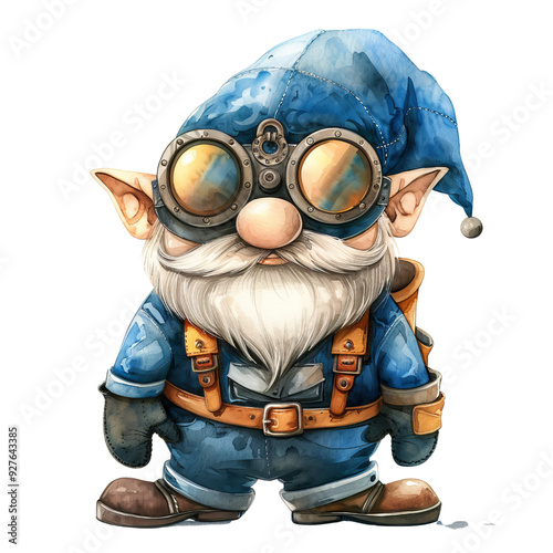 Whimsical Mechanic Gnome in Blue Outfit with Goggles and Hat.