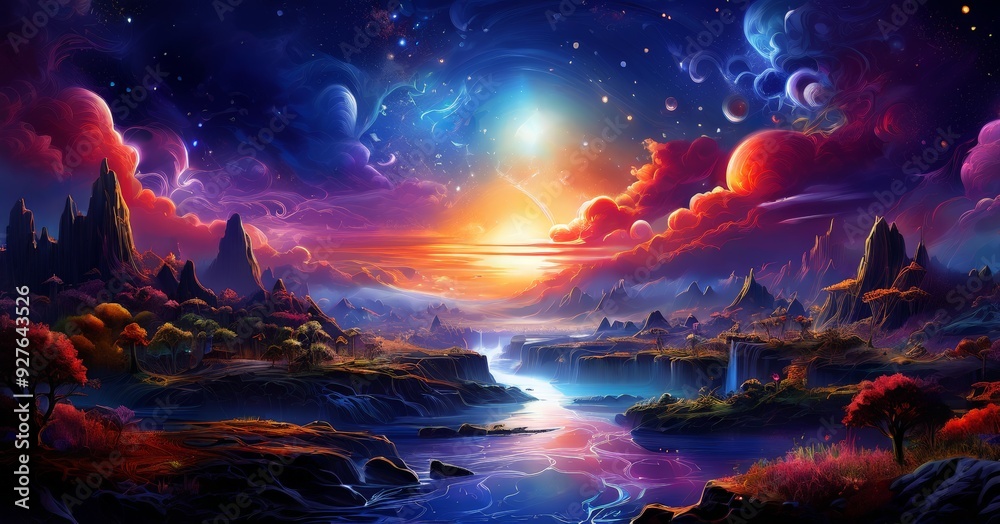 Fototapeta premium fantasy landscape with river and mountains