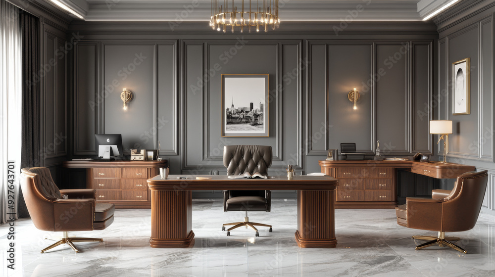 A modern shared office space with classic furniture, gray walls, and marble floors. It has wooden desks and chairs. --ar 16:9 --v 6.1 Job ID: 328e75b2-f7df-46f6-a5de-f9f5a68b67f1 A modern shared office space with classic furniture, gray walls, and marble floors. It has wooden desks and chairs. --ar 16:9 --v 6.1 Job ID: 328e75b2-f7df-46f6-a5de-f9f5a68b67f1