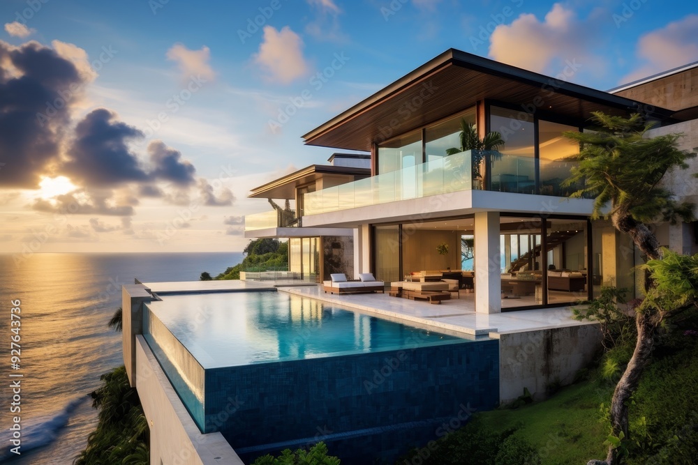 Fototapeta premium Luxurious cliffside villas with infinity pools overlooking the ocean in tropical paradise settings.