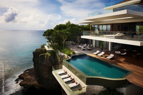 Luxurious cliffside villas with infinity pools overlooking the ocean in tropical paradise settings.