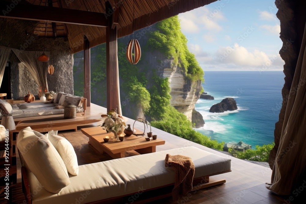 Obraz premium Luxurious cliffside villas with infinity pools overlooking the ocean in tropical paradise settings.