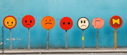 Row of Circular Signs with Painted Emojis on Blue Wall