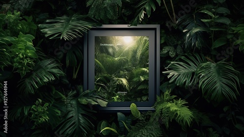 A stock photo of a blank white square frame mockup in a jungle leaves wall with a summer theme Generative AI photo