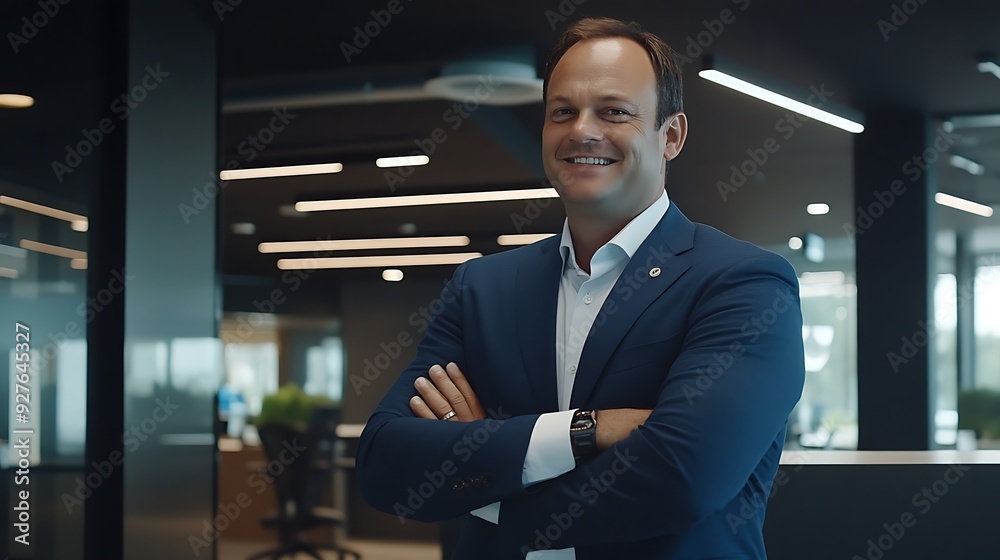 A confident Caucasian businessman in a blue suit stands with arms crossed, smiling in a modern office space with sleek, contemporary design. A confident Caucasian businessman in a blue suit stands with arms crossed, smiling in a modern office space with sleek, contemporary design.