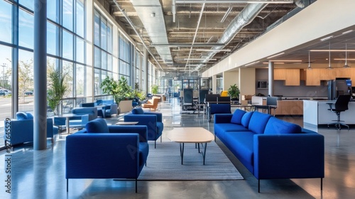 Modern office lounge area with blue sofas, tables, kitchenette, and large windows allowing ample natural light, creating a comfortable open space for employees.