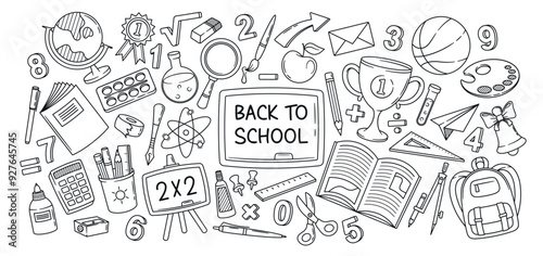 Hand-Drawn School Supplies Including Book, Calculator, Globe, And Backpack With Back To School Text. Vector Illustration