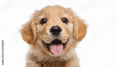 笑顔のゴールデンレトリバーの子犬のポートレート（Portrait of a smiling Golden Retriever puppy on white background）
