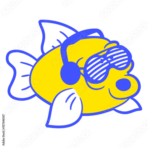 Funny Music Swimming Fish Pet DJ Cheeky Grimace Face Underwater Sea Animal Headphone Sunglasses Party Night Dancing Clubber Raver Comic Humor Cartoon Cool Fun Sound Disco Club Festival Concert Lover
