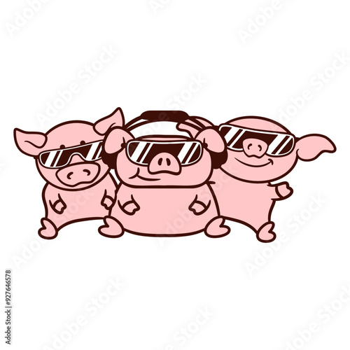 3 Funny Music DJ Three Pigs Friends Pig Team Crew Farm Animals Cool Drawing Headphone Sunglasses Party Night Dancing Clubber Raver Comic Humor Cartoon Cool Fun Sound Disco Club Festival Concert Lover