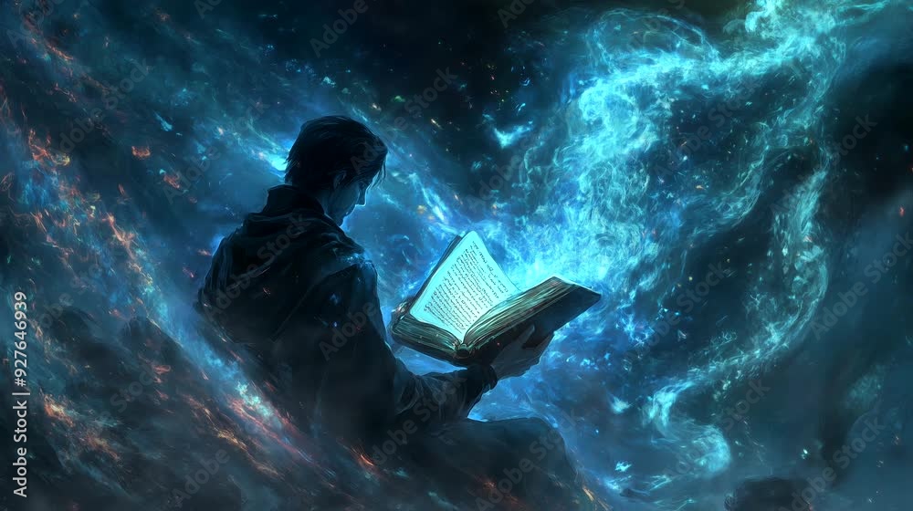 Sorcerer opens a glowing book, releasing ethereal creatures in an endless mystical library. Fantasy looping 4k video animation background