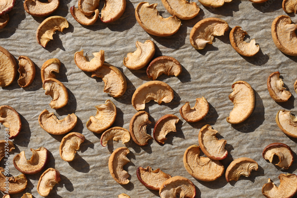 Slices of sun dried apples on brown baking paper. Dried fruits as a healthy snack background. Natural and nutritious pieces of an apple. Brown rustic sunlight fruits pattern. Sliced apple texture. Slices of sun dried apples on brown baking paper. Dried fruits as a healthy snack background. Natural and nutritious pieces of an apple. Brown rustic sunlight fruits pattern. Sliced apple texture.