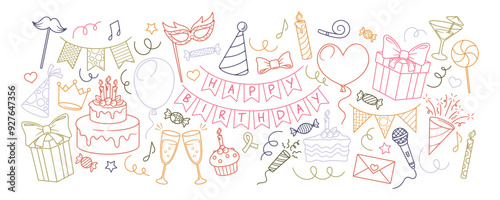 Colorful Birthday Party Doodles With Cake, Balloons And Decorations In Linear Style For Celebrations And Invitations