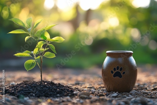 Dark urn with animal ashes with paw print on it stands next to a young tree sapling in a garden. Funeral concept. Final resting place for a departed soul.  photo