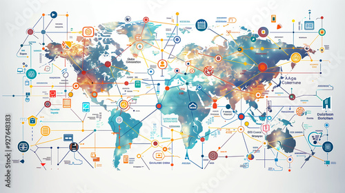Global Business Connections: A world map with connecting lines between various countries, overlayed with digital icons and data points, with copy space