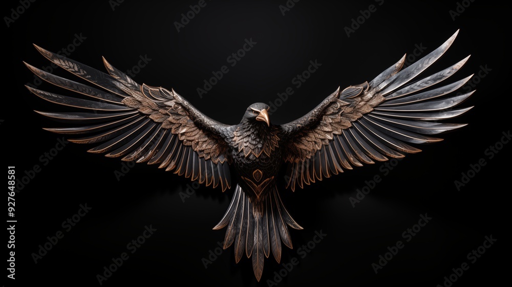 Obraz premium Art deco bird. A beautifully crafted sculpture of a bird with outstretched wings, showcasing intricate details and a metallic finish. 