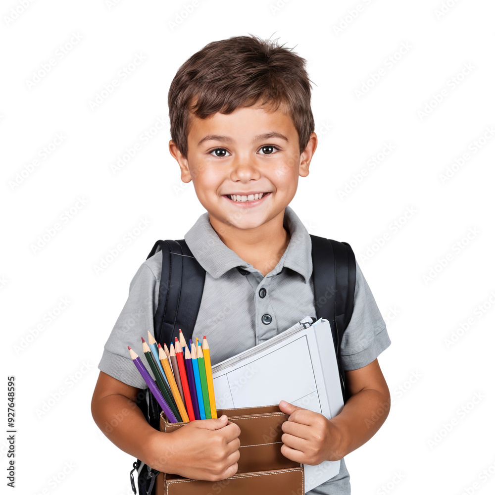 Portrait of a young schoolboy holding school books, isolated on a transparent background