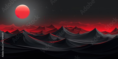 Abstract art of a large red orb above a black mountainous landscape.