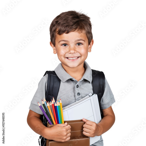 Obraz na płótnie Portrait of a young schoolboy holding school books, isolated on a transparent background w salonie