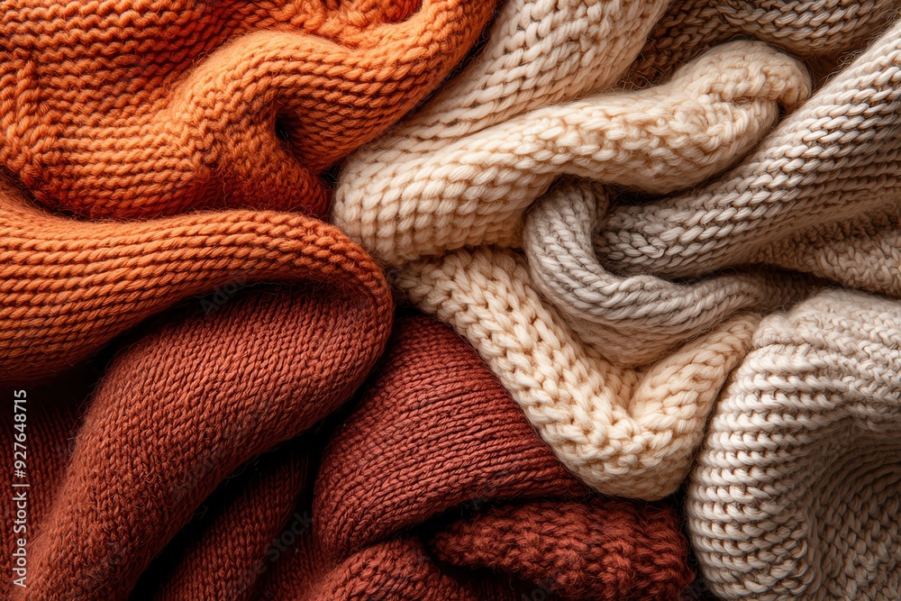 A cozy arrangement of knitted fabrics in warm tones, perfect for autumn or winter warmth and texture inspiration. A cozy arrangement of knitted fabrics in warm tones, perfect for autumn or winter warmth and texture inspiration.