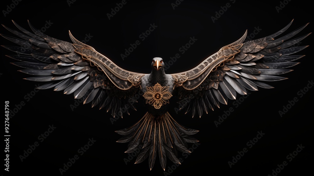 Obraz premium Art deco bird. A beautifully crafted, stylized black and gold bird with intricate designs on its wings and body, set against a dark background. 