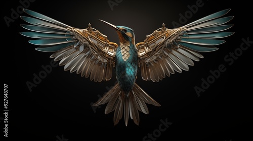 Art deco bird. A beautifully crafted, metallic hummingbird with intricate details. The bird's wings are spread wide, showcasing a blend of turquoise and gold colors. photo