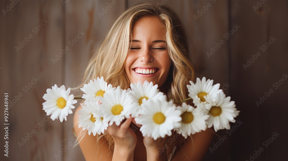 Young woman with massive white daisy bouquet tenderly touching her face in a portrait Young woman with massive white daisy bouquet tenderly touching her face in a portrait