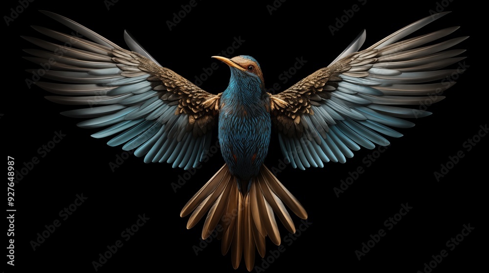 Obraz premium Art deco bird. A beautifully detailed illustration of a bird with vibrant blue and brown feathers, wings spread wide against a black background. 