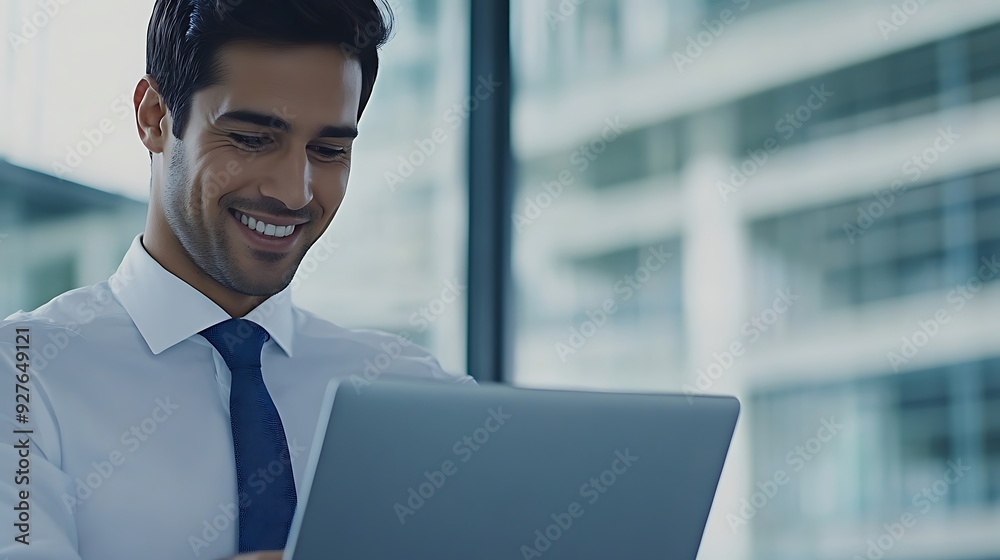 A young Hispanic man smiles while working on a laptop in a modern office setting, showcasing a sense of accomplishment and professionalism. A young Hispanic man smiles while working on a laptop in a modern office setting, showcasing a sense of accomplishment and professionalism.