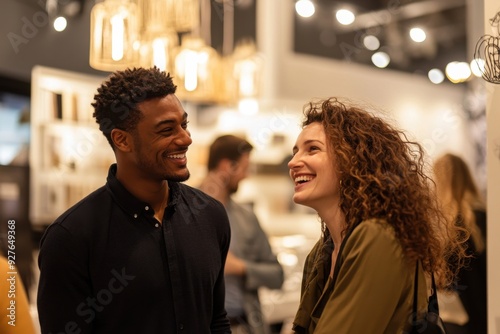 Businesspeople interact and laugh together in a congress setting, with a smiling newcomer joining in amidst the bustling trade show atmosphere. photo