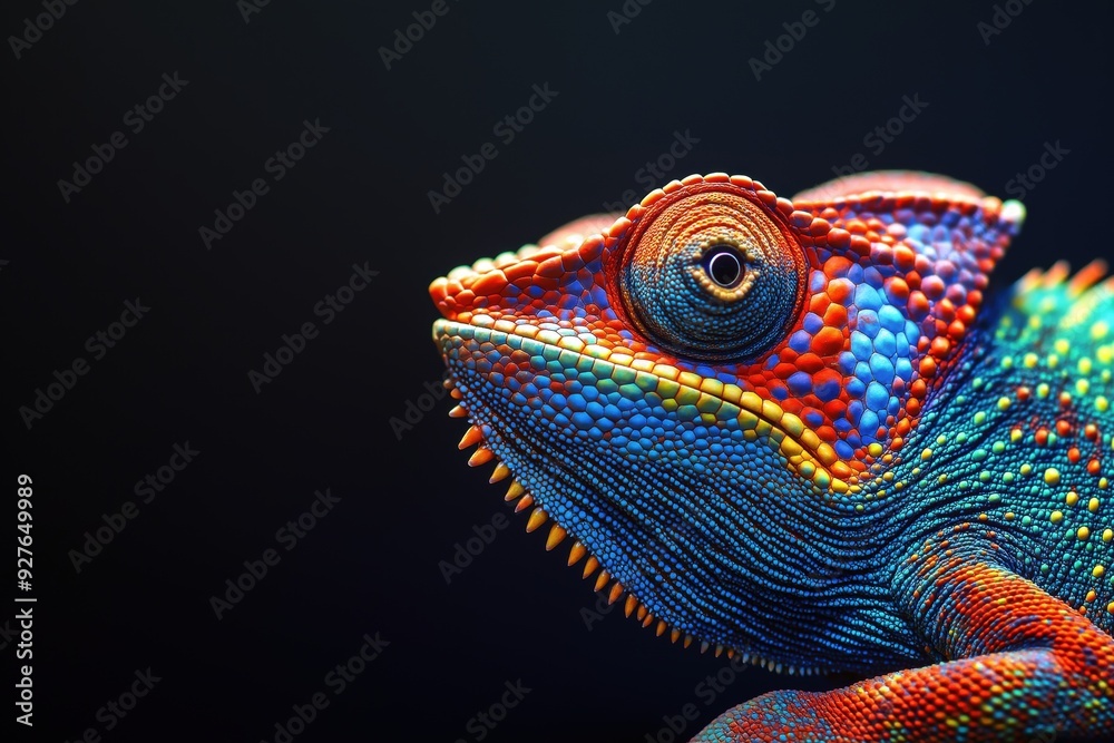Obraz premium Photo of a colourful chameleon isolated against a black background, emphasising the chameleon's majestic features. Wildlife and conservation concept, space for copy.