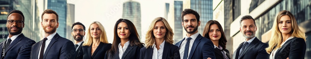 Group of professionals in business attire posing outdoors in a city Group of professionals in business attire posing outdoors in a city