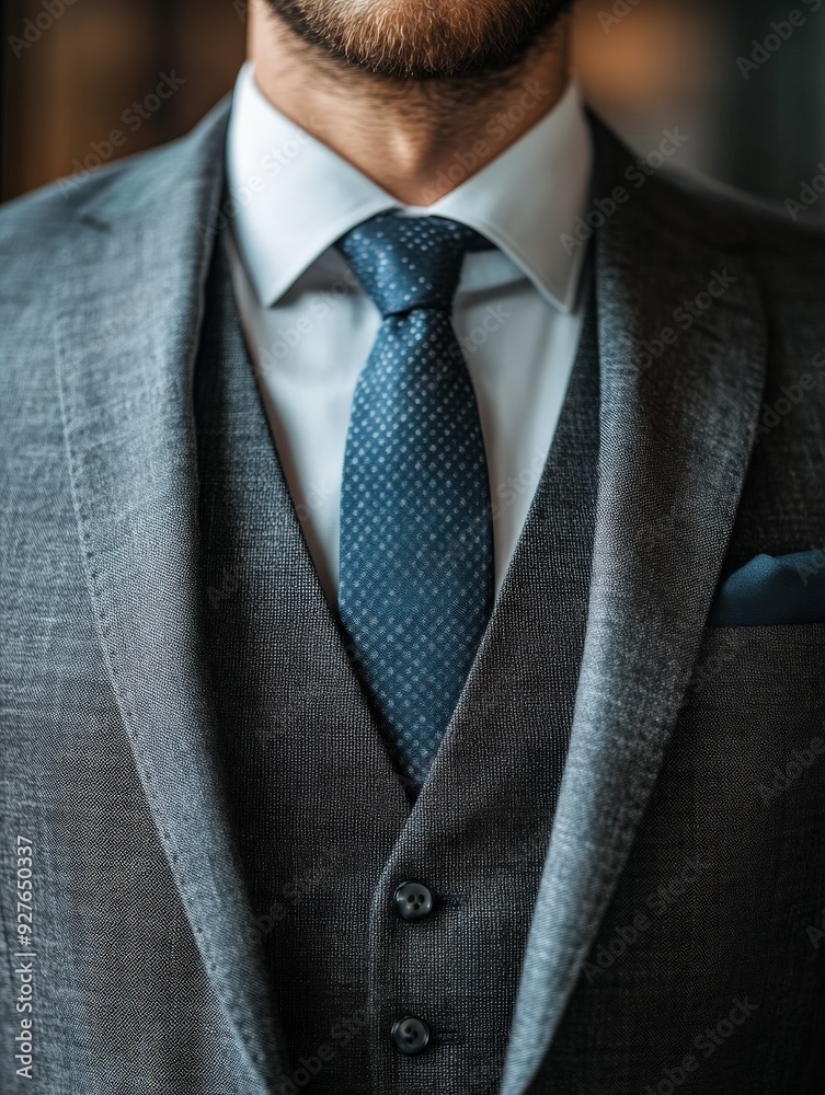 Man in a tailored gray suit with a blue tie, indoors