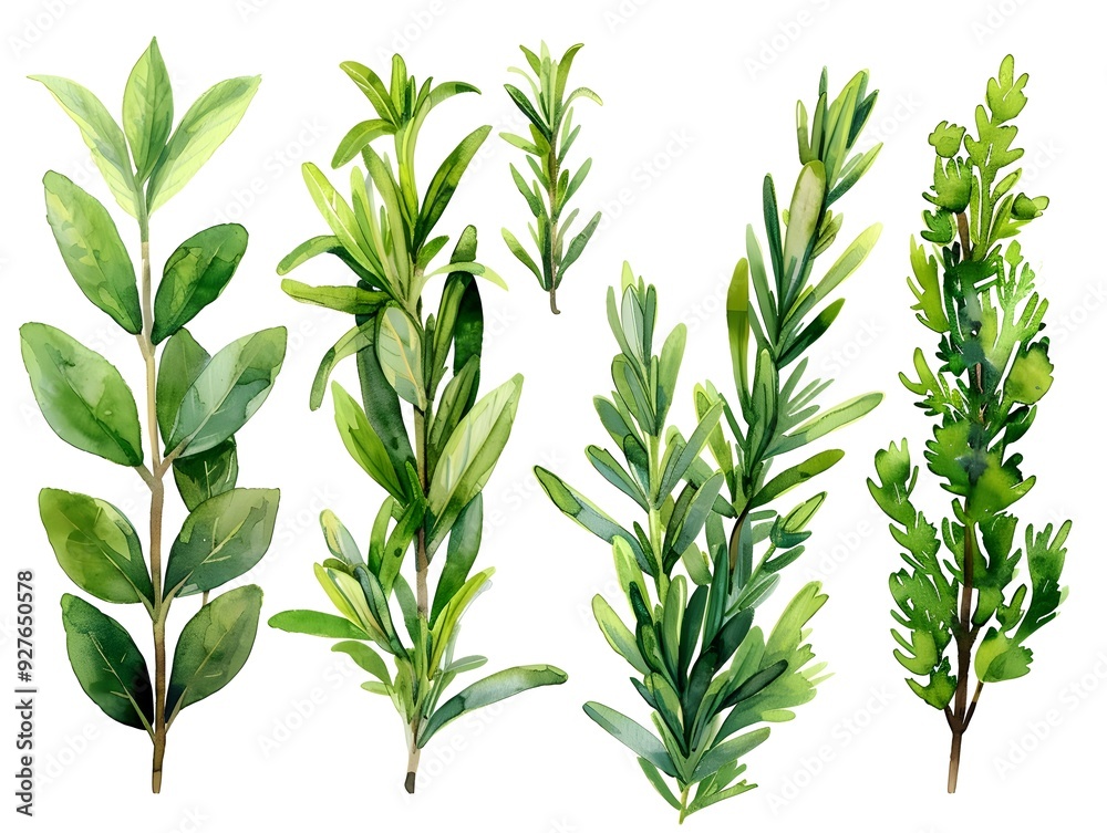 Watercolor Herb Leaf Set on White Background Fresh Culinary Botanical Watercolor Herb Leaf Set on White Background Fresh Culinary Botanical