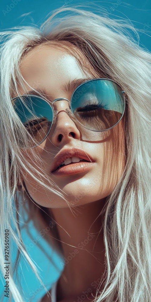 Young woman with long blonde hair and sunglasses enjoying sunny day Young woman with long blonde hair and sunglasses enjoying sunny day