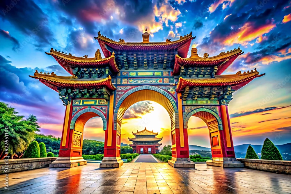 Obraz premium unusual gate mystical transition portal to another dimension against the blue sky