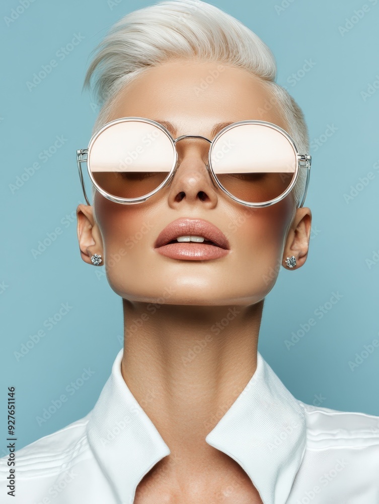Stylish woman wearing sunglasses against a light blue background Stylish woman wearing sunglasses against a light blue background
