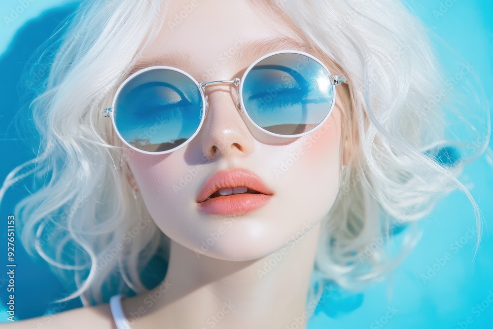Woman with white hair and blue sunglasses on a blue backdrop Woman with white hair and blue sunglasses on a blue backdrop