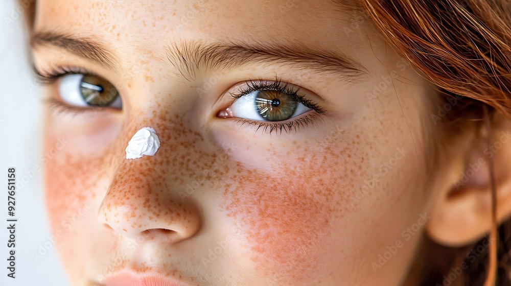 Fototapeta premium A young Caucasian girl with striking green eyes and freckles gazes softly, a dab of sunscreen on her nose, capturing the essence of summer skincare.