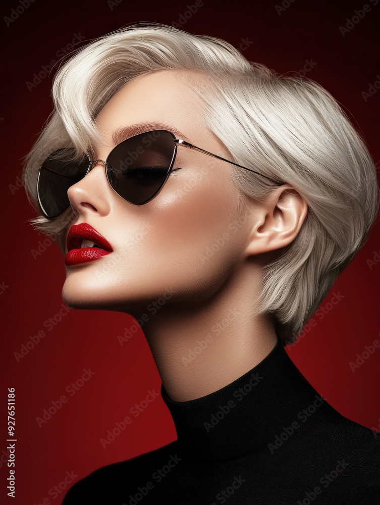 Elegant woman with short blonde hair and sunglasses against a red backdrop
