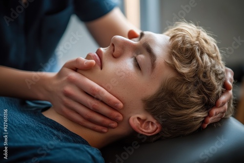 Experience Relief from Neck Pain with Gentle Manual Therapy, Skilled Therapist's Hands Applying Pressure to Relieve Tension and Discomfort, Patient Relaxing and Receiving Treatment