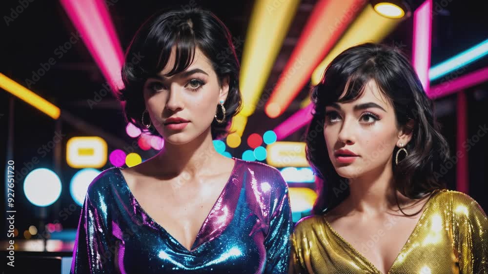 Stylish woman with a confident expression is seen in a vibrant, neon-lit setting. She is dressed in a shimmering, metallic outfit that reflects the colorful lights around her. Stylish woman with a confident expression is seen in a vibrant, neon-lit setting. She is dressed in a shimmering, metallic outfit that reflects the colorful lights around her.