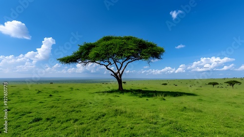 Serengeti plains during great migration, endless herds, acacia trees,  photo