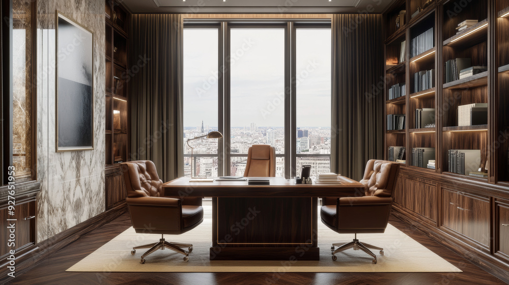 Classic office with wood furniture and marble walls. The big window lets in natural light and offers a view of the city. --ar 16:9 --v 6.1 Job ID: 567ba315-3721-43c7-8577-3c315a44007e Classic office with wood furniture and marble walls. The big window lets in natural light and offers a view of the city. --ar 16:9 --v 6.1 Job ID: 567ba315-3721-43c7-8577-3c315a44007e