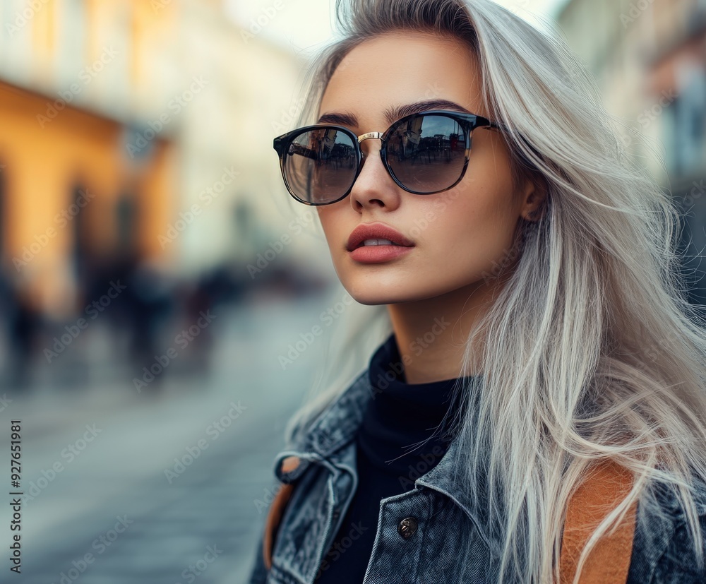 Young woman in sunglasses strolling through a lively urban street Young woman in sunglasses strolling through a lively urban street