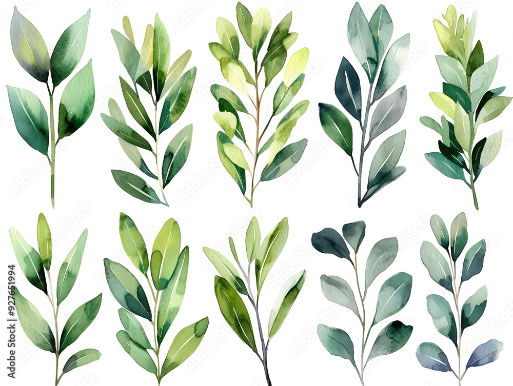 Fototapeta premium Elegant Watercolor Olive Branches with Muted Green Leaves on White Background