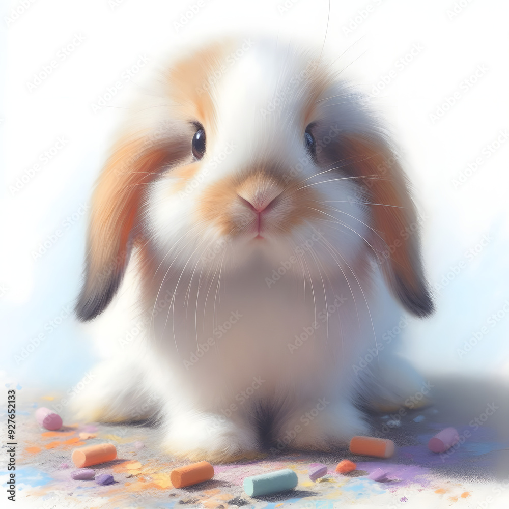 흰 배경, 롭이어, 파스텔화 (White background, lop bunny, pastel painting)