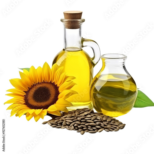 Sunflower Oil Bottles, Seeds, and Flower Arrangement on Display