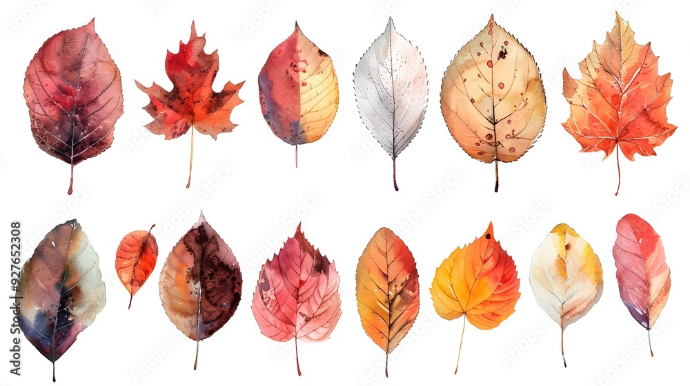 Obraz premium Vibrant Autumnal Watercolor Leaves Collection on White Background